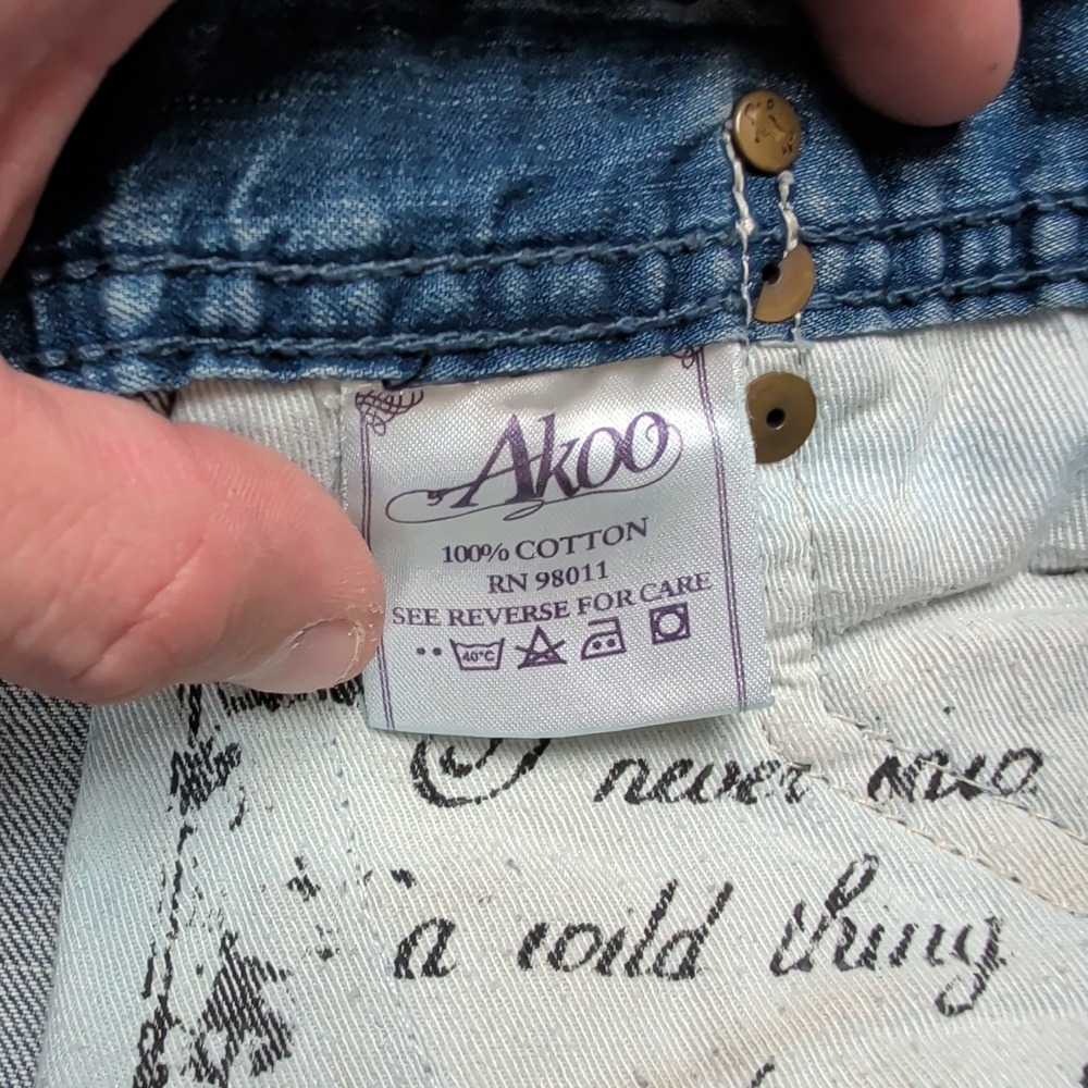 Akoo Y2K Streetwear Distressed Straight Leg Jeans 38 Blue Cotton Studded Wing - Picture 6 of 16
